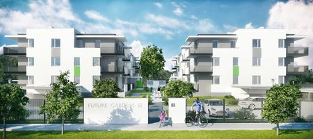 Future Gardens / Warzelnicza, wizualizacja wejścia na osiedle i zieleni między budynkami
