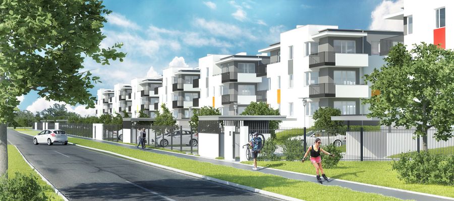 Future Gardens / Warzelnicza, wizualizacja elewacji wzdłuż ulicy osiedlowej z chodnikiem